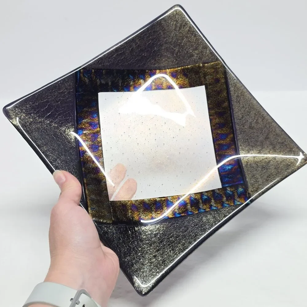 Chris Paulson Fused Art Glass Trinket Tray Plate Signed Dichroic Iridescent